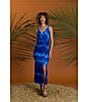 Color:Sky Denim Blue - Image 6 - Compact Mesh Printed V-Neck Sleeveless Waist Detail Midi Dress
