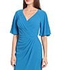 Maggy London Draped Faux Wrap Short Flutter Sleeve Surplice V-Neck Pebble Crepe Midi Dress, Color:Bright Blue - Image 3