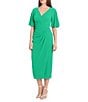 Color:Bright Jade - Image 1 - Draped Faux Wrap Short Flutter Sleeve Surplice V-Neck Pebble Crepe Midi Dress