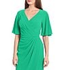 Color:Bright Jade - Image 3 - Draped Faux Wrap Short Flutter Sleeve Surplice V-Neck Pebble Crepe Midi Dress