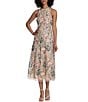 Maggy London Floral Embroidery Halter Neck Sleeveless Plunge Back Detail Midi Dress, Color:Red/Pink - Image 1