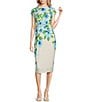 Color:Ivory/Aqua - Image 1 - Floral Print Crew Neck Cap Sleeve Stretch Jersey Sheath Dress