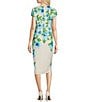 Color:Ivory/Aqua - Image 2 - Floral Print Crew Neck Cap Sleeve Stretch Jersey Sheath Dress