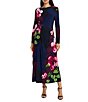 Maggy London Floral Print Jersey Knit Boat Neck Long Sleeve Asymmetrical A-Line Dress, Color:Navy/Flame - Image 1
