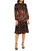 Color:Black Multi - Image 3 - Floral Print Ruffled Crew Neck Long Sleeve Midi Dress