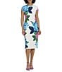 Color:Soft White/Turquoise - Image 1 - Floral Print Stretch Cap Sleeve Midi Sheath Dress