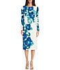 Color:Soft White/Cobalt Blue - Image 1 - Floral Print Stretch Matte Jersey Round Neck Long Sleeve Sheath Dress