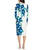 Color:Soft White/Cobalt Blue - Image 2 - Floral Print Stretch Matte Jersey Round Neck Long Sleeve Sheath Dress