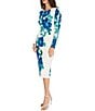 Color:Soft White/Cobalt Blue - Image 3 - Floral Print Stretch Matte Jersey Round Neck Long Sleeve Sheath Dress
