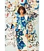 Color:Soft White/Cobalt Blue - Image 4 - Floral Print Stretch Matte Jersey Round Neck Long Sleeve Sheath Dress