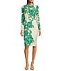Maggy London Floral Print Stretch Matte Jersey Round Neck Long Sleeve Sheath Dress, Color:White/Green - Image 1