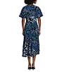Color:Black/Blue - Image 2 - Floral Stretch Crepe Jewel Neckline Short Flutter Sleeve Midi Dress