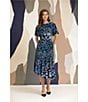 Color:Black/Blue - Image 5 - Floral Stretch Crepe Jewel Neckline Short Flutter Sleeve Midi Dress