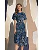 Color:Black/Blue - Image 6 - Floral Stretch Crepe Jewel Neckline Short Flutter Sleeve Midi Dress