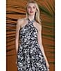 Color:Black/Cream - Image 4 - Halter Floral Print Linen Blend Halter Neck Sleeveless Midi Dress