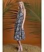 Color:Black/Cream - Image 6 - Halter Floral Print Linen Blend Halter Neck Sleeveless Midi Dress