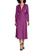 Color:Dark Purple - Image 1 - Long Sleeve Satin Twisted V-Neck Knotted Midi Dress