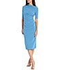 Color:Blue Bonnet - Image 3 - Mock Neck Short Sleeve Draped Midi Sheath Dress