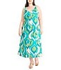 Maggy London Plus Size V-Neck Sleeveless Printed A-Line Midi Dress, Color:Ivory/Aqua - Image 1