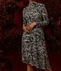 Color:Charcoal/Cream - Image 5 - Printed Mock Neck Long Sleeve Draped Asymmetrical Hemline Dress
