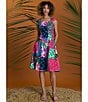 Color:Pink/Blue - Image 5 - Printed poplin Square Neck Cap Sleeve Dress