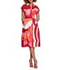 Color:Soft Pink/Red - Image 1 - Printed Voile Button Down Point Collar Short Sleeve Tie Waist Dress