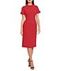 Color:Cherry - Image 1 - Ruffle Mock Neck Short Sleeve Stretch Crepe Midi Pencil Sheath Dress