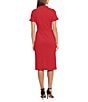 Color:Cherry - Image 2 - Ruffle Mock Neck Short Sleeve Stretch Crepe Midi Pencil Sheath Dress