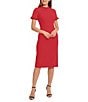 Color:Cherry - Image 3 - Ruffle Mock Neck Short Sleeve Stretch Crepe Midi Pencil Sheath Dress