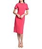 Color:Rose Red - Image 1 - Ruffle Mock Neck Short Sleeve Stretch Crepe Midi Pencil Sheath Dress