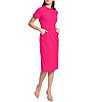Color:Electric Pink - Image 1 - Ruffle Mock Neck Short Sleeve Stretch Crepe Midi Pencil Sheath Dress