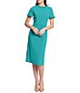 Color:Bright Jade - Image 1 - Ruffle Mock Neck Short Sleeve Stretch Crepe Midi Pencil Sheath Dress
