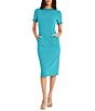 Color:Aqua - Image 1 - Ruffle Mock Neck Short Sleeve Stretch Crepe Midi Pencil Sheath Dress
