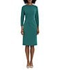 Color:Alpine Green - Image 1 - Stretch Boat Neck 3/4 Sleeve Pleated Knot Waist Detailed Sheath Dress