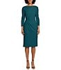 Color:Deep Teal - Image 1 - Stretch Boat Neck 3/4 Sleeve Pleated Knot Waist Detailed Sheath Dress