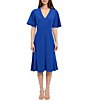 Color:Blue Sapphire - Image 3 - Stretch Crepe V-Neck Short Flutter Sleeve Dress