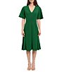 Color:Evergreen - Image 3 - Stretch Crepe V-Neck Short Flutter Sleeve Dress