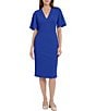 Color:Retro Blue - Image 1 - Stretch Crepe V Neckline Short Flutter Sleeve Sheath Dress