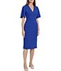Color:Retro Blue - Image 3 - Stretch Crepe V Neckline Short Flutter Sleeve Sheath Dress