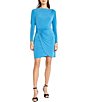 Color:French Blue - Image 1 - Jewel Neck Long Sleeve Drape Stretch Matte Jersey Faux Wrap Dress
