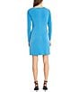 Color:French Blue - Image 2 - Jewel Neck Long Sleeve Drape Stretch Matte Jersey Faux Wrap Dress