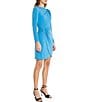 Color:French Blue - Image 3 - Jewel Neck Long Sleeve Drape Stretch Matte Jersey Faux Wrap Dress