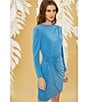 Color:French Blue - Image 5 - Jewel Neck Long Sleeve Drape Stretch Matte Jersey Faux Wrap Dress