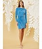 Color:French Blue - Image 6 - Jewel Neck Long Sleeve Drape Stretch Matte Jersey Faux Wrap Dress