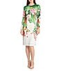Color:Soft White/Green - Image 1 - Stretch Tropical Print Long Sleeve Sheath Dress