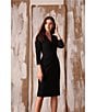 Color:Black - Image 5 - Stretch V-Neck 3/4 Sleeve Belted Waist Ruched Sheath Dress