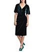 Color:Hunter Green - Image 1 - Stretch Velvet Surplice V-Neck Short Sleeve Faux Wrap Midi Dress
