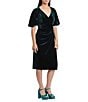 Color:Hunter Green - Image 3 - Stretch Velvet Surplice V-Neck Short Sleeve Faux Wrap Midi Dress