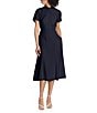 Color:Navy Blue - Image 3 - Twist Mock Neck Short Sleeve Stretch Midi Dress