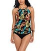 Color:Black/White - Image 1 - Aloe Susan Tropical Print Underwire Keyhole Highneck Blouson Side Tie One Piece Convertible Swim Dress